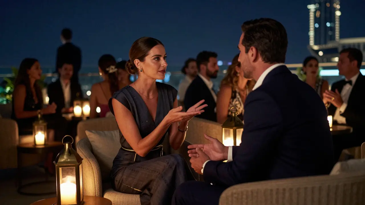 A sophisticated man and woman conversing at an exclusive rooftop lounge in Dubai at night.