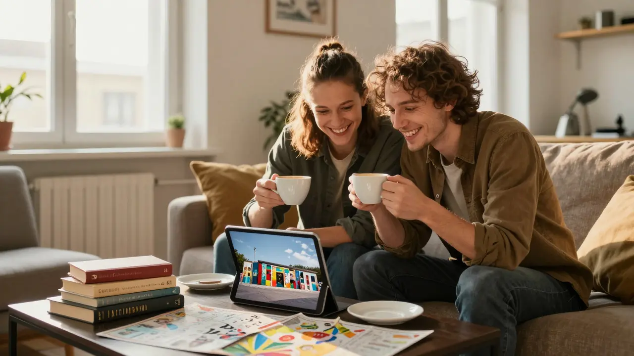 A traveler and companion share coffee and a photo of the East Side Gallery in a warm, intimate Berlin apartment.