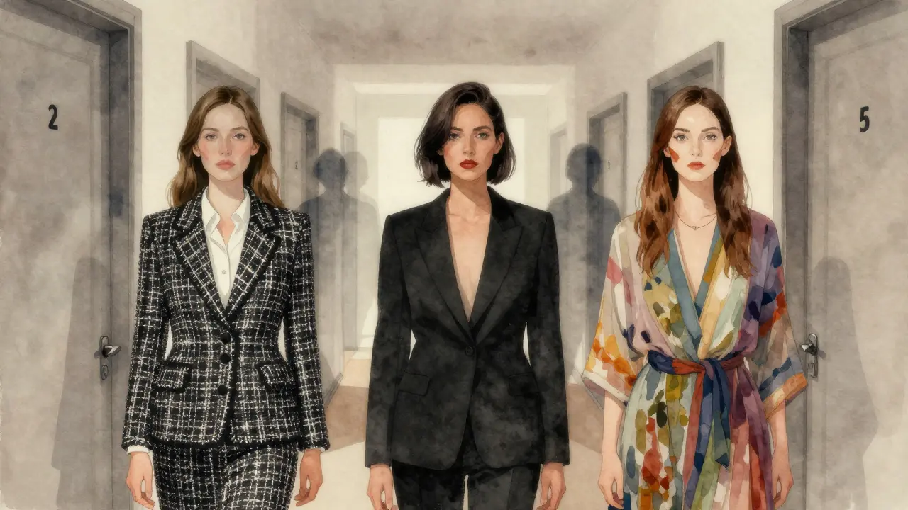A woman's face appears in three overlapping personas, each dressed for different types of clients, standing in a shadowy hallway.