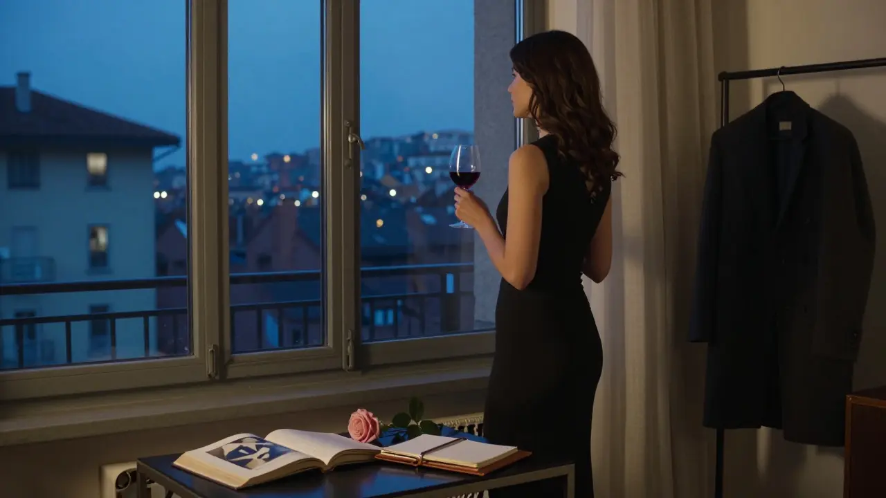 A woman standing by a window in a Brera apartment, holding wine, with art and a rose on the table.