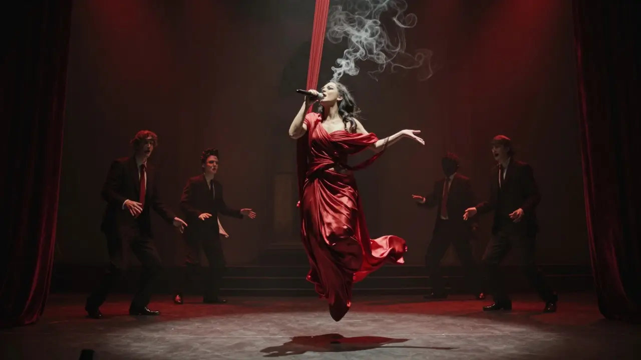 A woman suspended in silk mid-air during a surreal cabaret performance in Paris.
