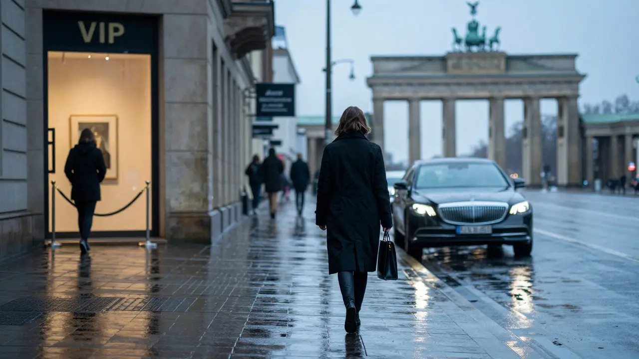 A woman walks away from a luxury car at dawn in Berlin, near an exclusive art gallery entrance, symbolizing unseen sophistication.
