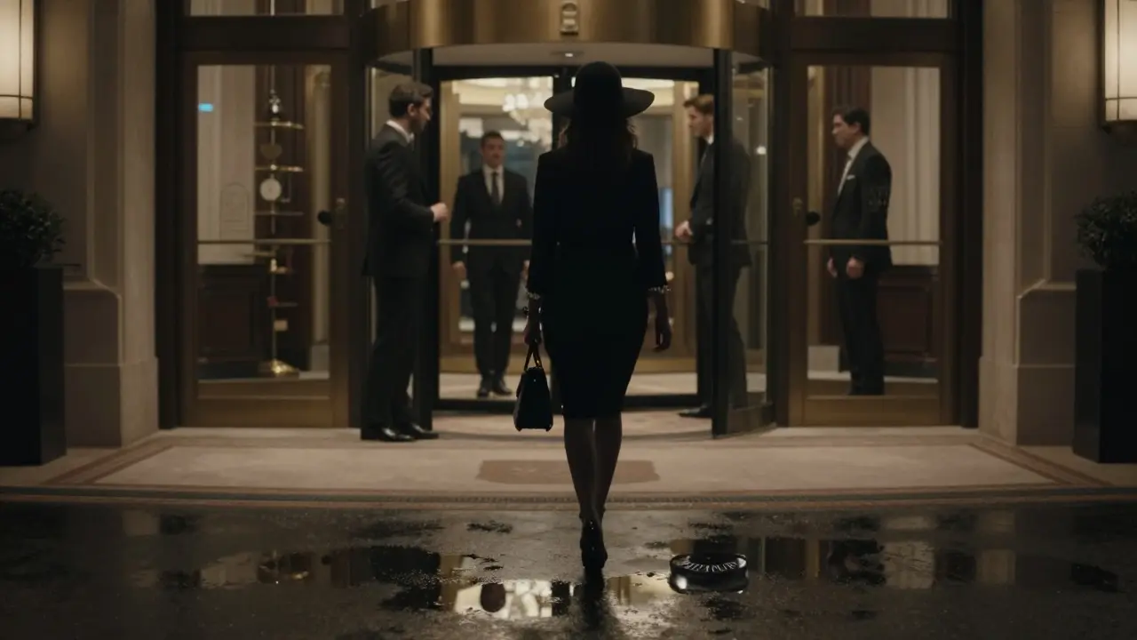 A woman walks away from a luxury hotel at night, her reflection in a puddle showing books, a wine glass, and a clock instead of her shadow.