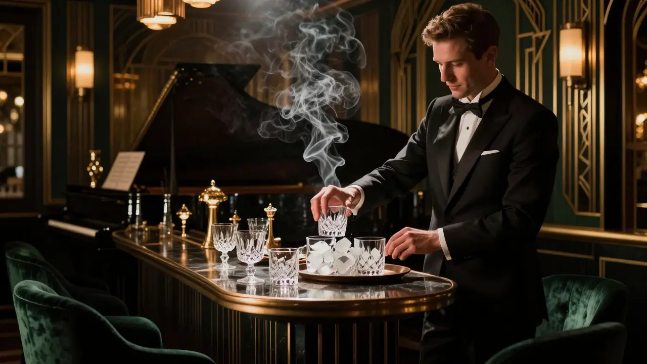 An elegant bar in Mayfair with crystal glasses and soft jazz lighting, exuding 1920s sophistication.