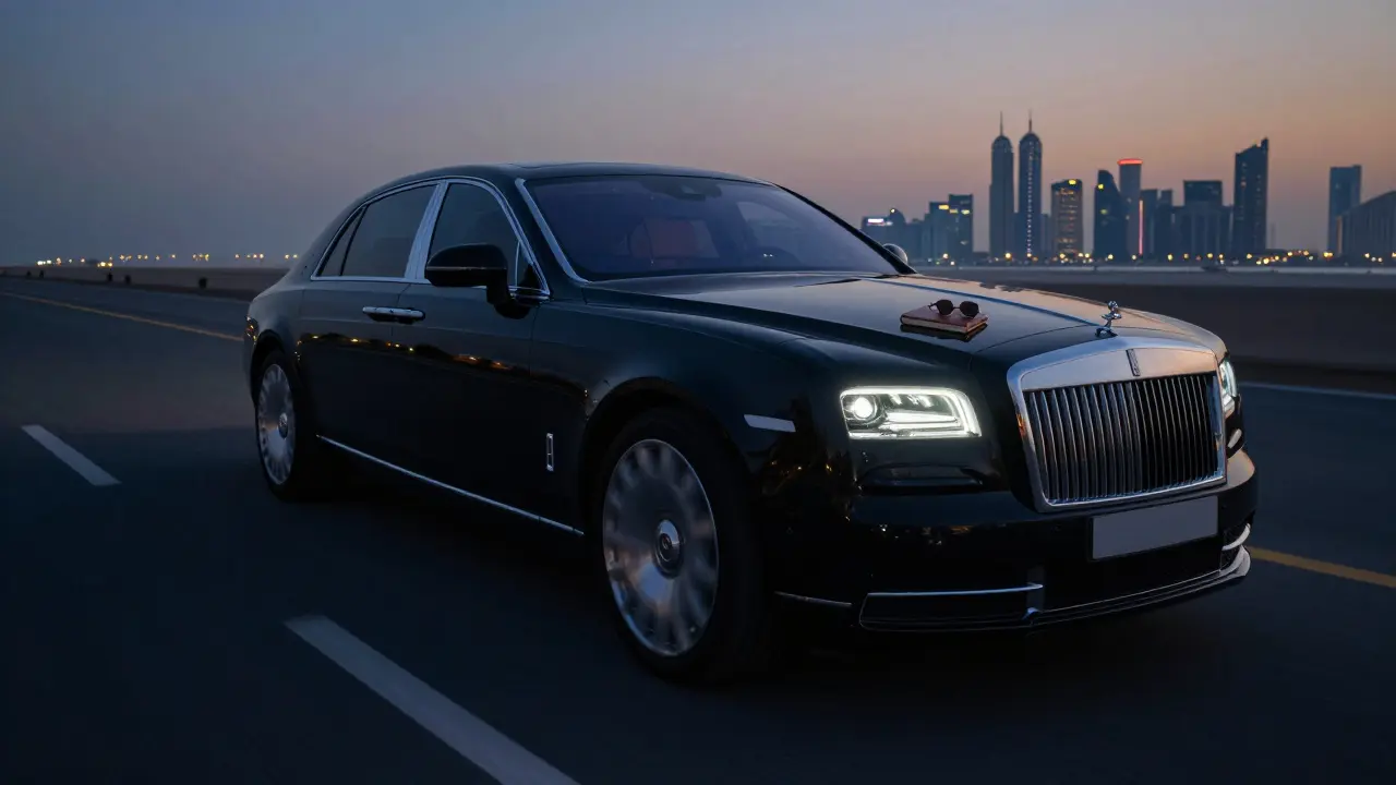 An empty luxury car seat with sunglasses and a notebook on a coastal road at dusk.