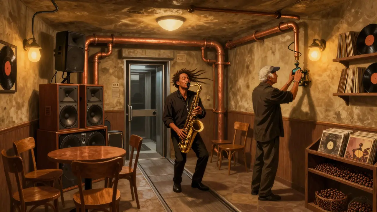 An underground jazz cellar beneath Dubai Mall with a saxophonist playing a desert-inspired solo in dim amber light.