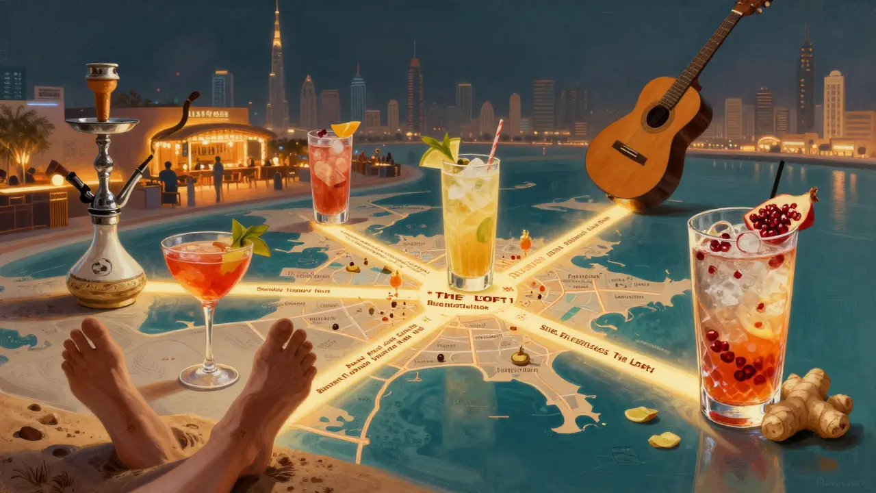 Artistic blend of Dubai's top happy hour spots featuring cocktails, mocktails, and beachside vibes.