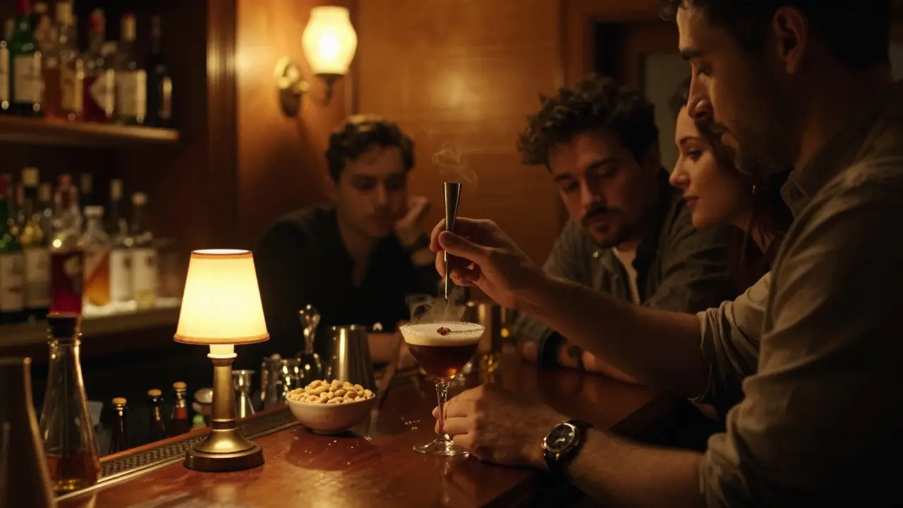 Bartender crafting a whiskey sour in a cozy, warm-lit Soho bar with bottles and peanuts.
