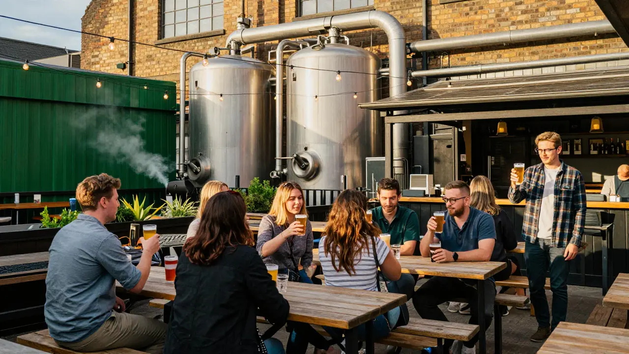 Camden Town Brewery Taproom on a summer night with friends clinking IPAs under string lights.