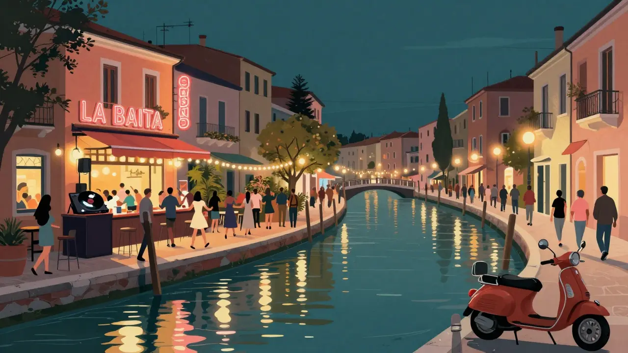 Canal-side bars in Navigli with people dancing in a garden under string lights at night.