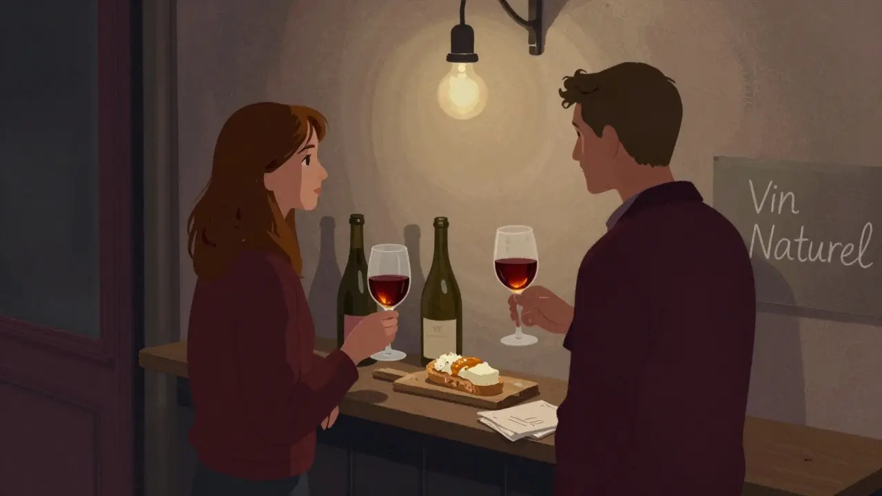 Couple standing at a narrow wine bar with tartine and glass of red wine.
