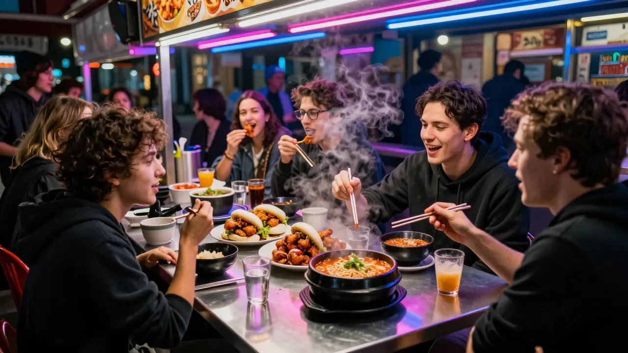 Crowd at Peckham Levels eating Korean fried chicken buns and ramen under colorful lights.