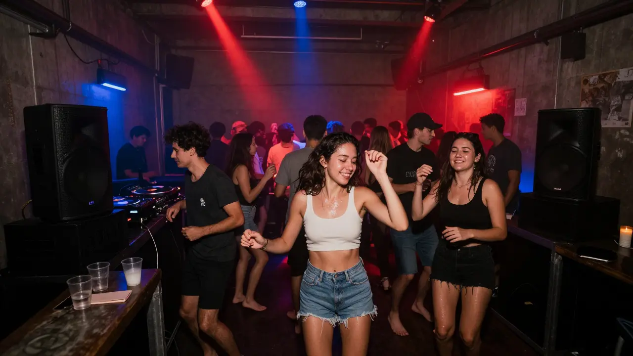 Crowd dancing in a dim industrial club with strobe lights and speakers vibrating the air.