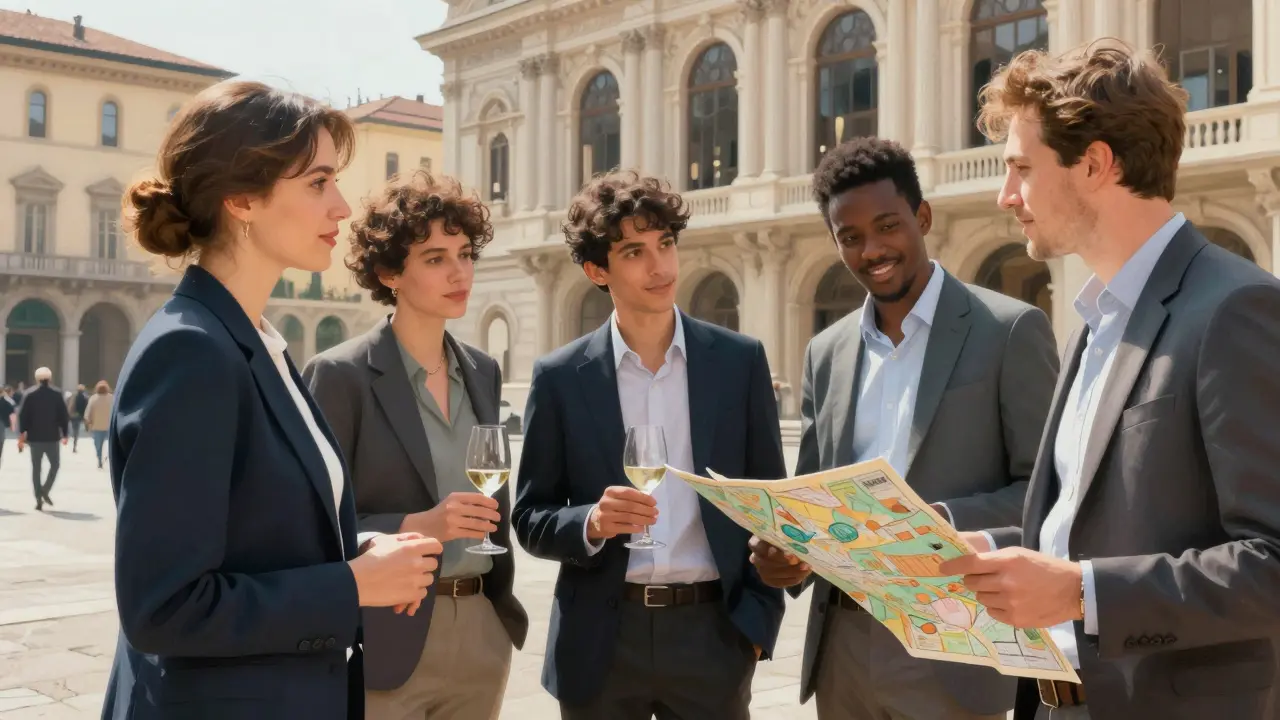 Diverse independent providers meeting in a Milan courtyard near La Scala, symbolizing a growing professional cooperative.