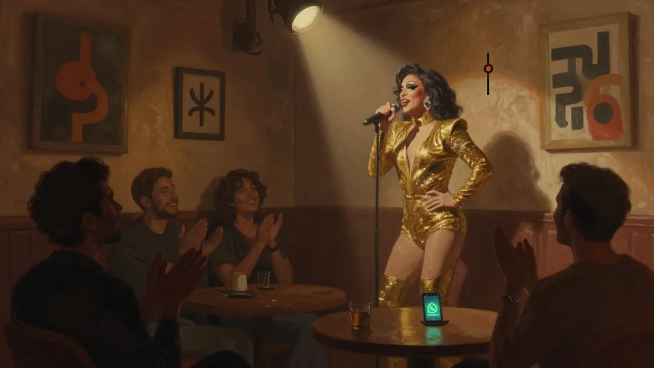 Drag performer illuminated under a spotlight in an underground lounge, audience clapping in silhouette.