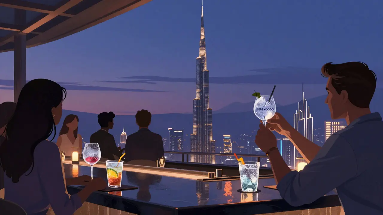 Guests at Sky View Lounge with Burj Khalifa in background, sipping discounted drinks at dusk.