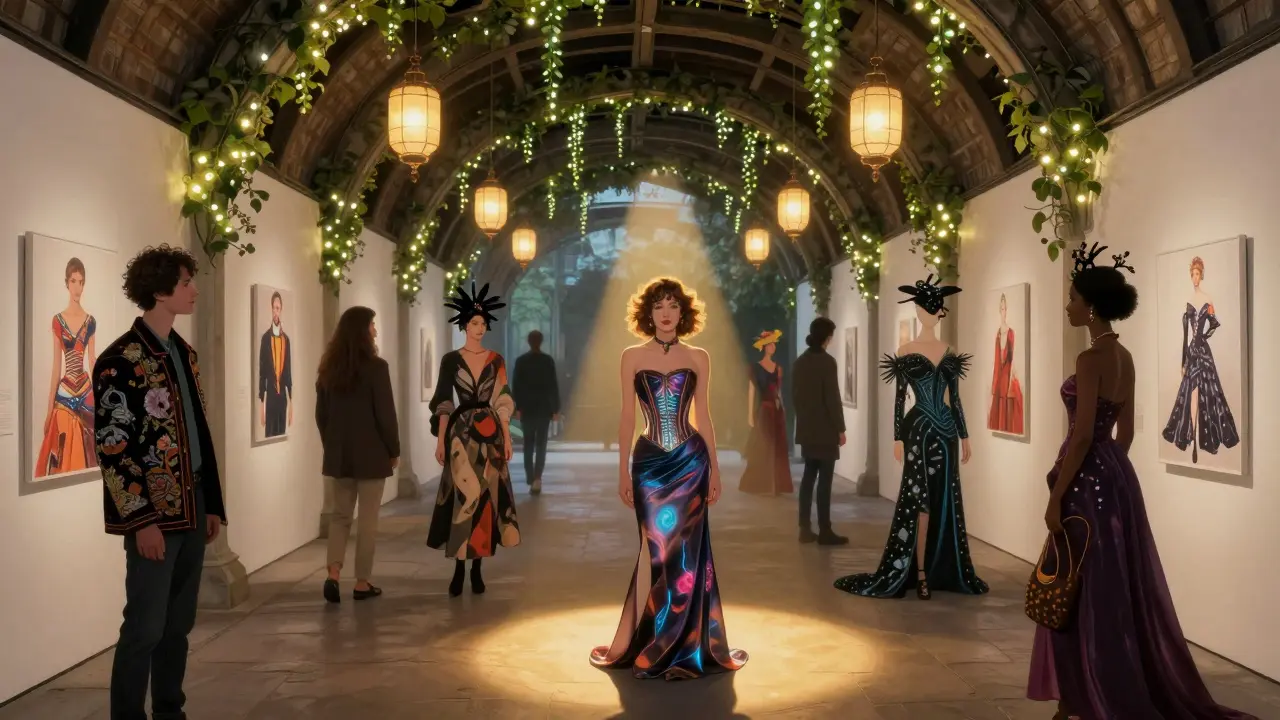 Guests at The Arches showcasing avant-garde fashion and sculptural accessories in a lantern-lit railway arch filled with designer art installations.