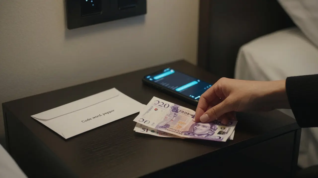 Hand placing cash on a hotel nightstand beside a phone with an encrypted message.