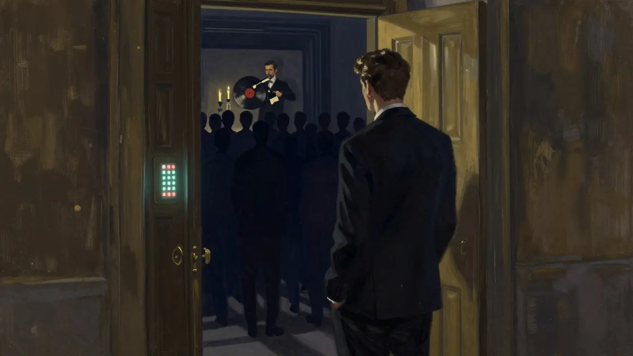 Hidden door with a glowing keypad in a Monte Carlo alley, leading to an exclusive underground bar.