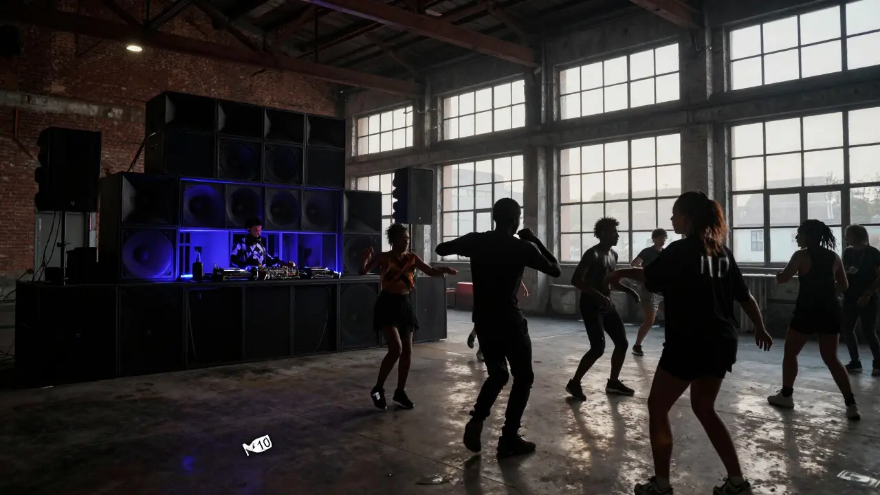 Industrial warehouse club Ex Dogana with dancers under pulsing lights as dawn approaches.