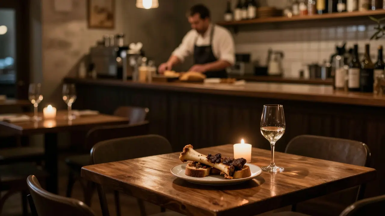 Roasted bone marrow on sourdough toast at St. John Bread and Wine with candlelight.