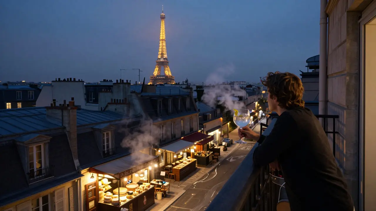 Rooftop view of Paris at 2 a.m. with Eiffel Tower glowing and warm lights below.