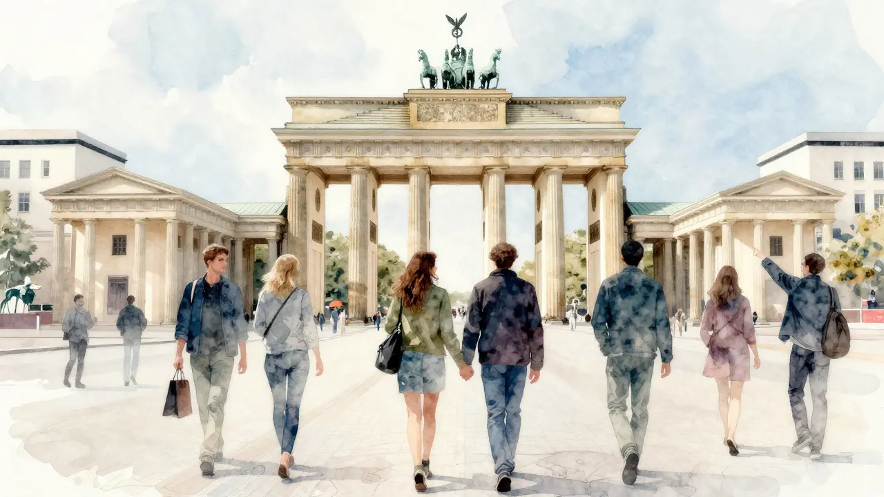 Silent figures of tourists and companions stroll together through iconic Berlin landmarks in a dreamy, watercolor-style montage.