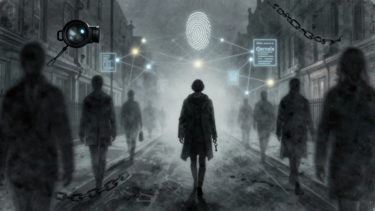 Silhouetted figure walking through foggy London, surrounded by symbolic risks and safe connections.