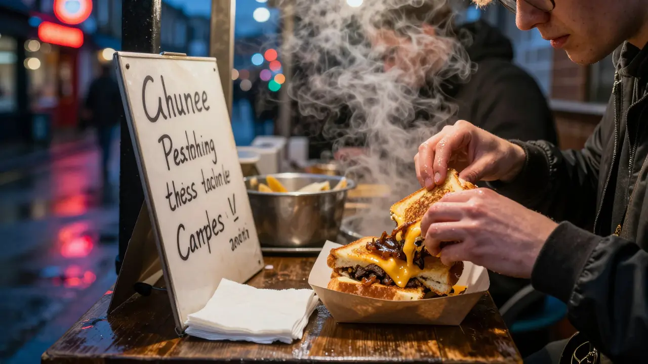 Someone eating a gooey grilled cheese sandwich at a late-night Camden stall under neon lights.