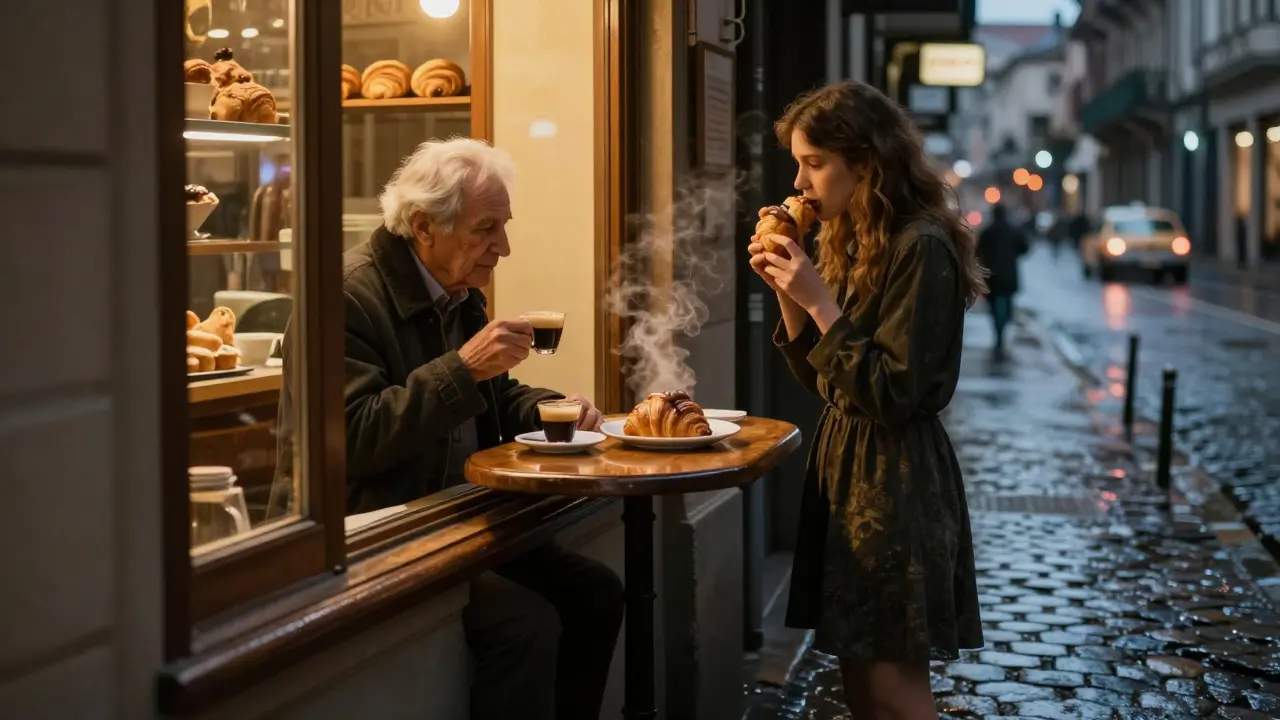 Someone eating a warm cornetto and drinking espresso in a 24-hour bakery at dawn.