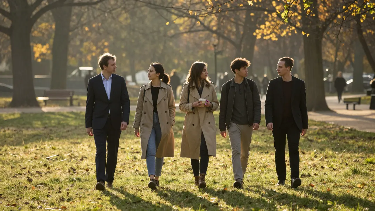 Three people walking peacefully together in Tiergarten park during golden hour.
