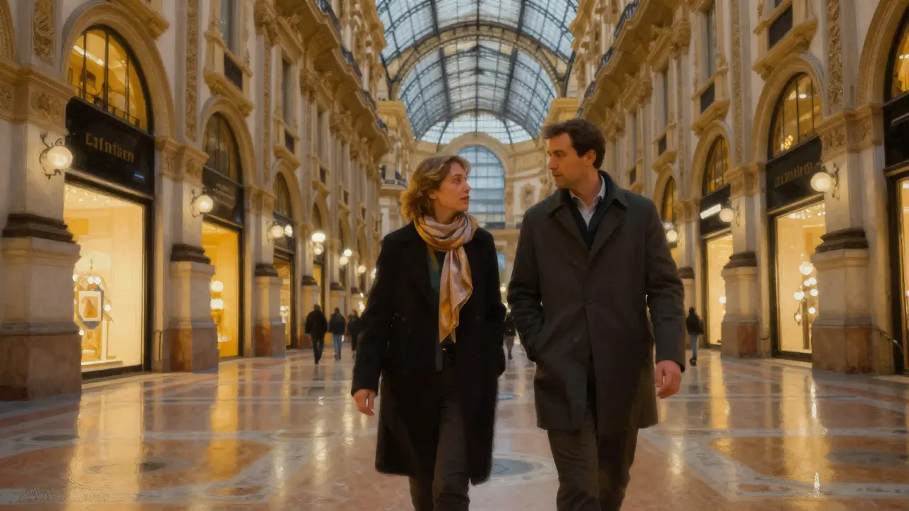 Two figures walking side by side through the glass-vaulted Galleria Vittorio Emanuele II at dusk.