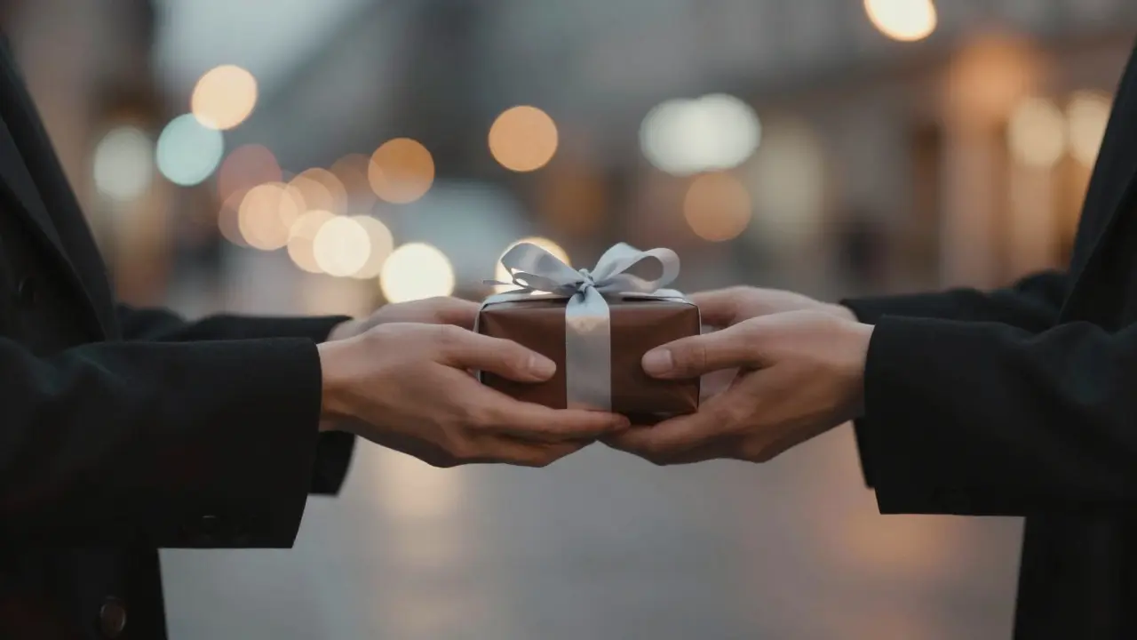 Two hands exchanging a small gift, symbolizing dignity and gratitude in a Berlin night setting.