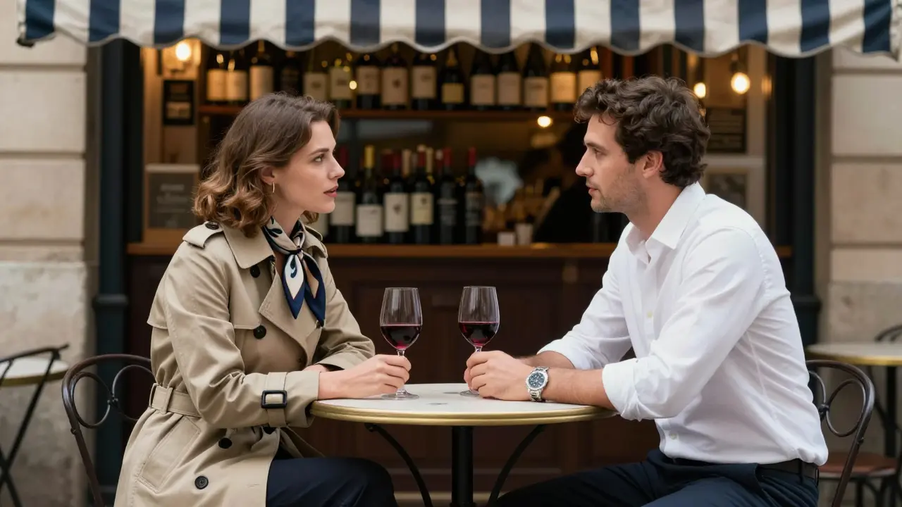 Two people engage in thoughtful conversation at a quiet Paris wine bar, radiating mutual respect.