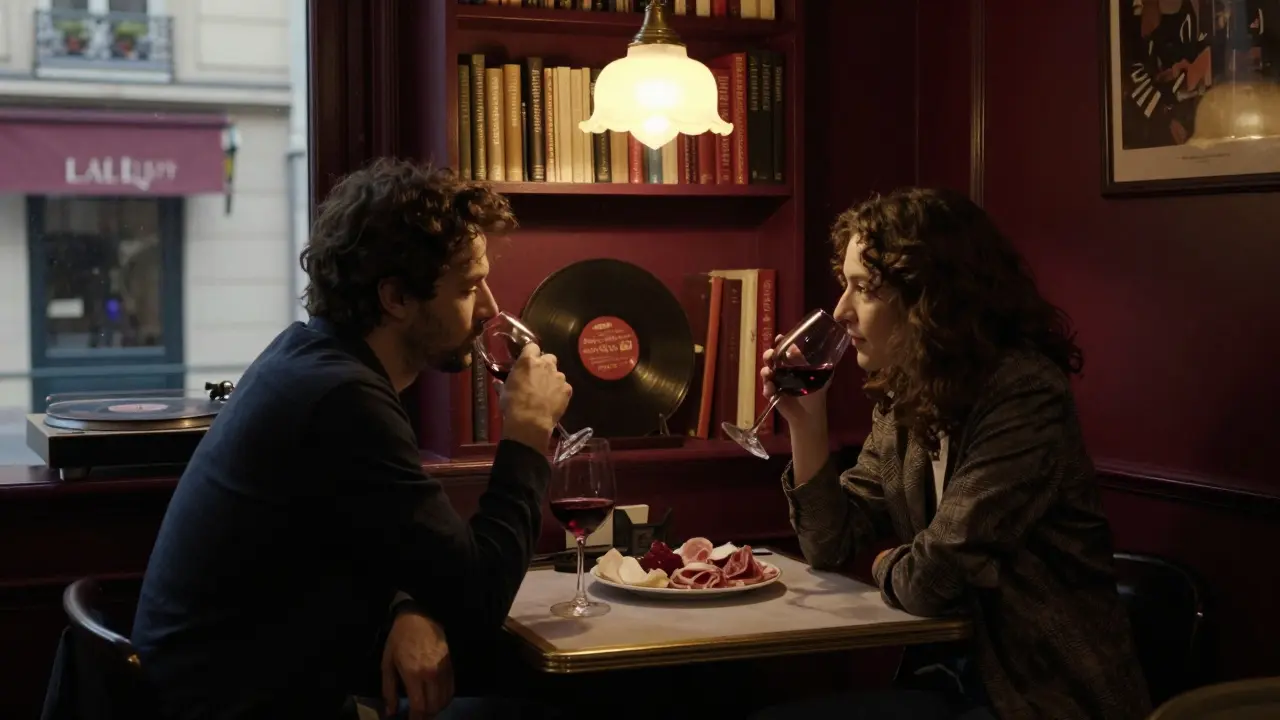 Two people enjoy dinner at a quiet Parisian bistro with wine and charcuterie.
