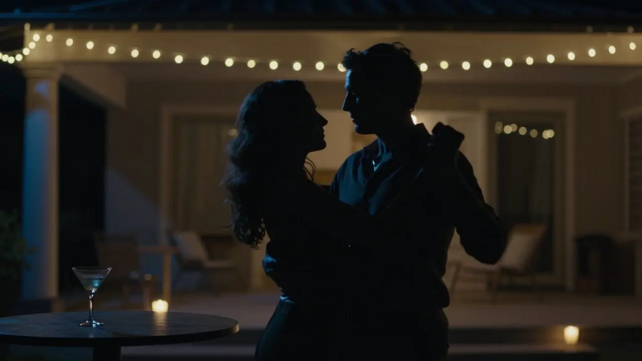 Two silhouetted figures dancing under fairy lights in a private villa, no faces visible, only connection.
