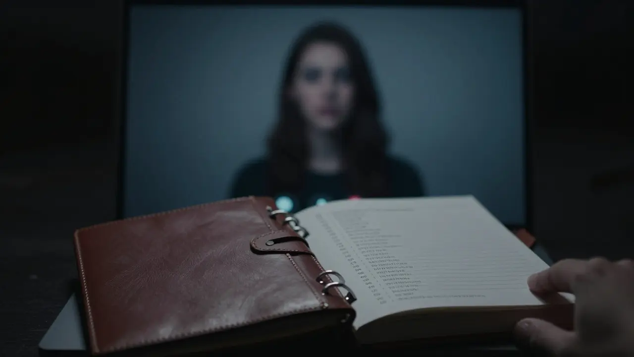 A blurred silhouette on an encrypted video call, with a coded dossier open on a dark desk, no names or photos visible.