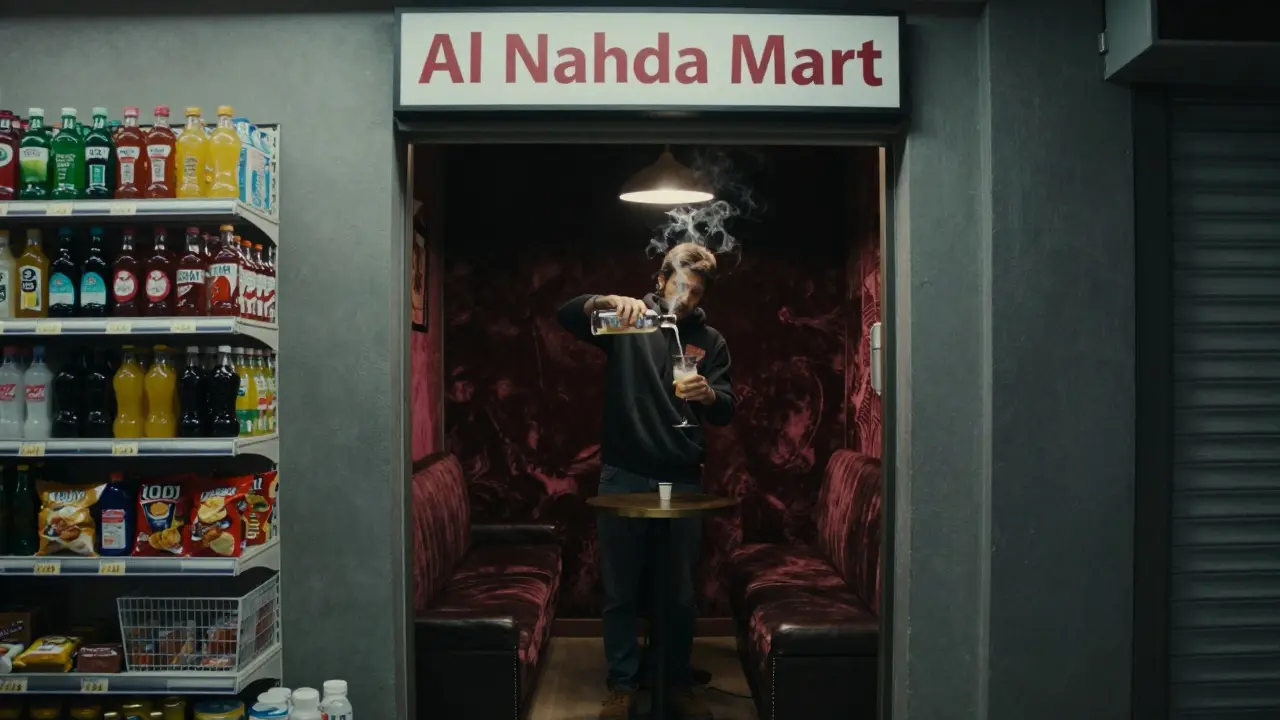 A concealed door behind a convenience store opens to a dim, velvet-lined lounge where a bartender prepares a cocktail.