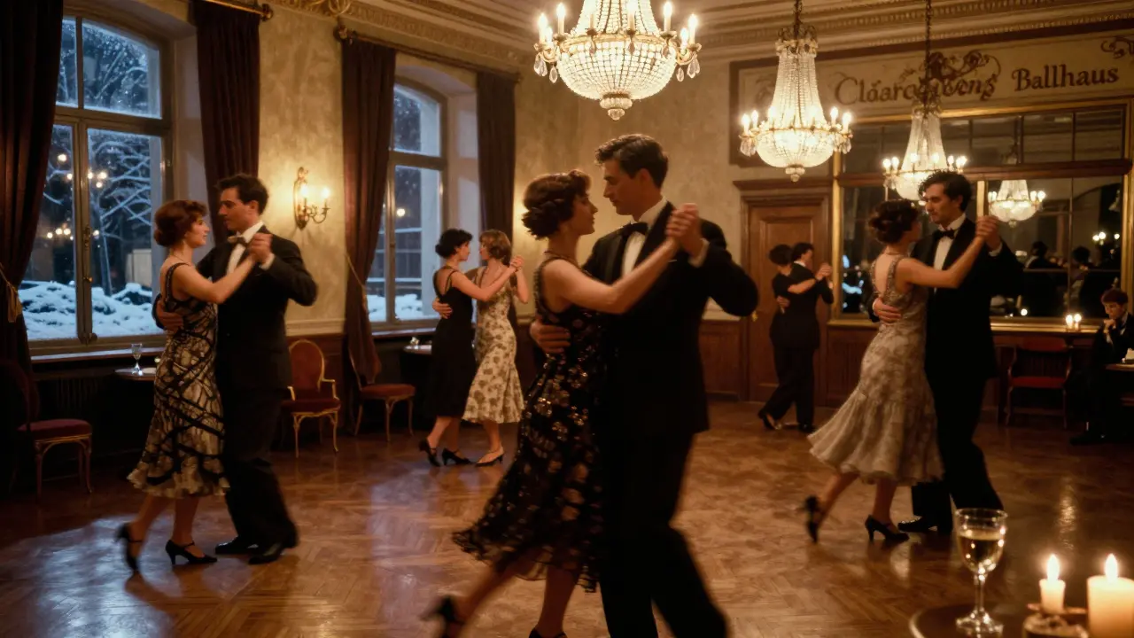 A couple dances a waltz in Clärchens Ballhaus, surrounded by other dancers, under glowing chandeliers in this historic 1913 dance hall.