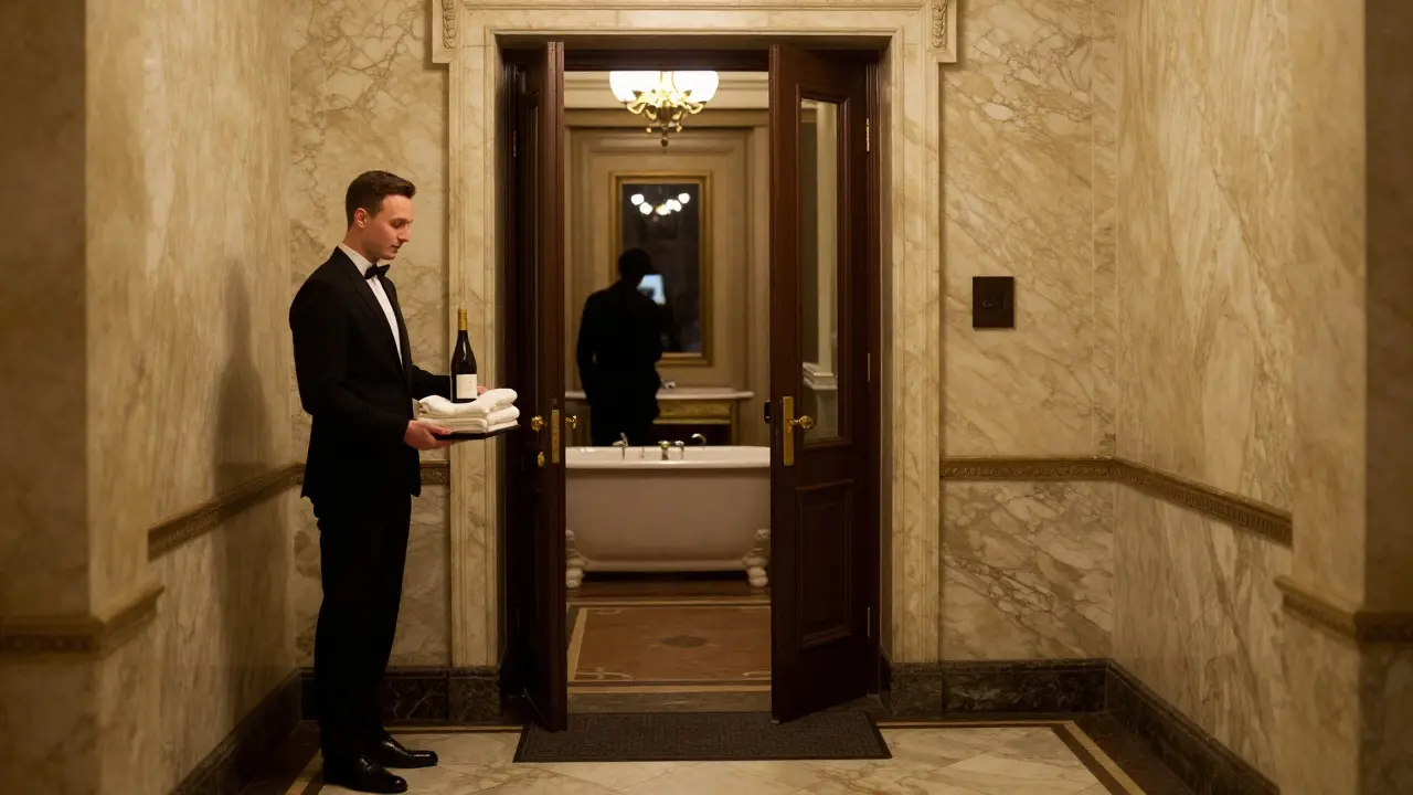 A luxury hotel concierge leaving amenities on a door mat in a grand marble hallway.
