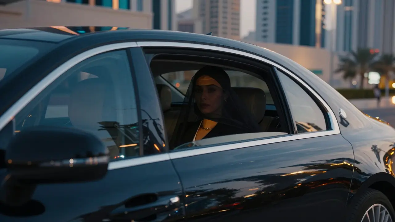 A luxury sedan drives through Abu Dhabi's night skyline, an escort gazing out the tinted window.