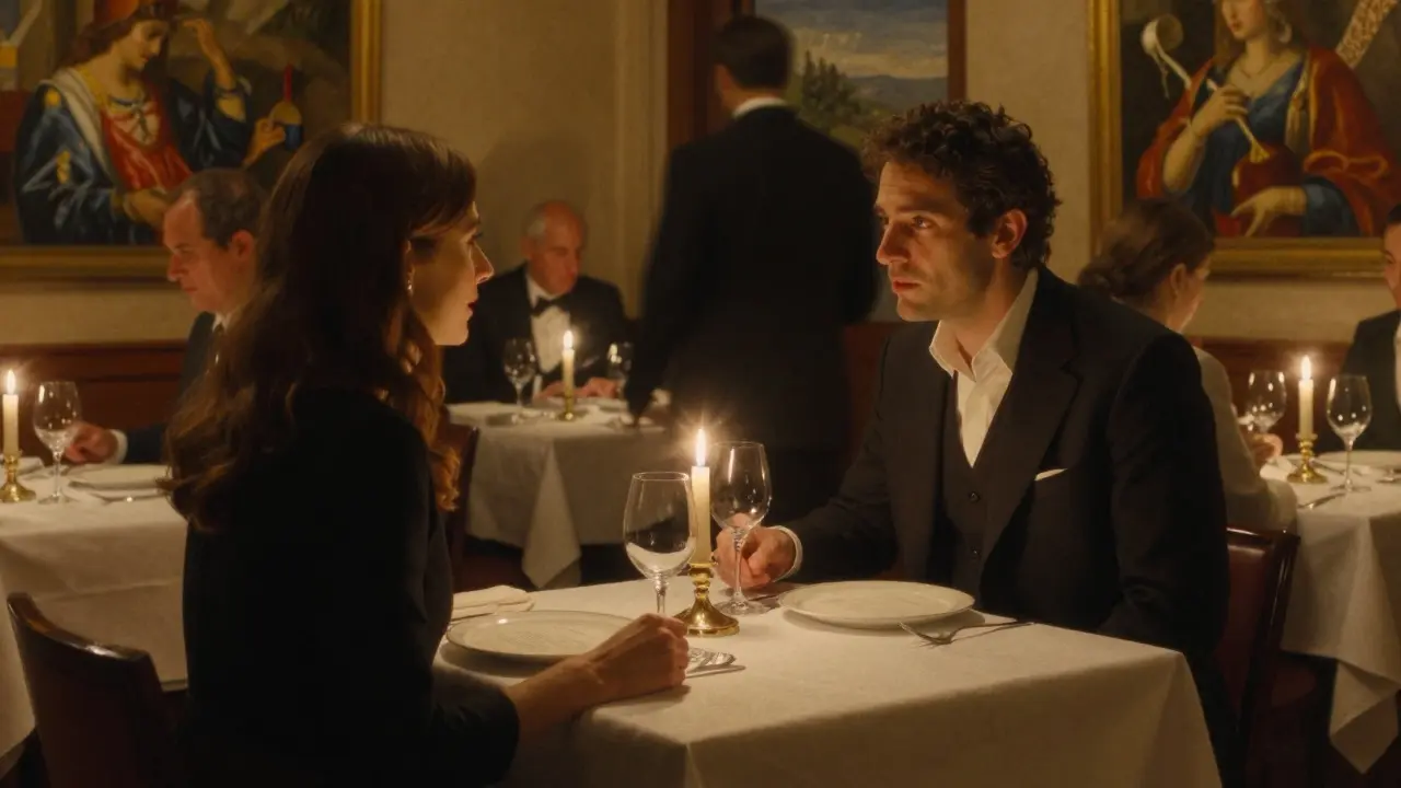 A man and woman share a quiet dinner at La Pergola, candlelight reflecting off fine china in a refined Milanese restaurant.