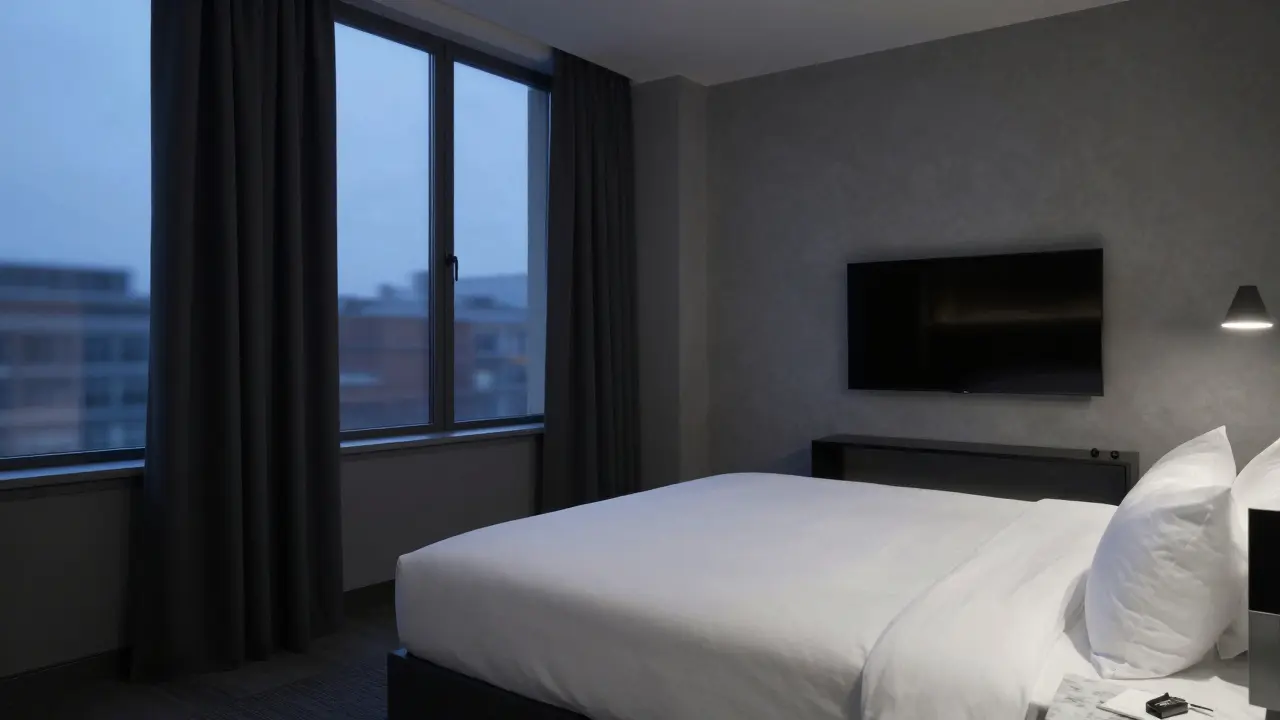A minimalist hotel room in Berlin with blackout curtains, a king bed, and a keycard on the nightstand.