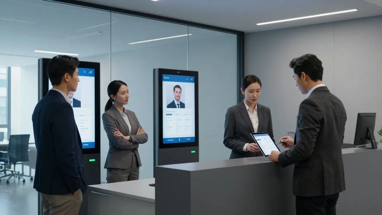 A professional agency reception with companions and a client reviewing booking options on a tablet.