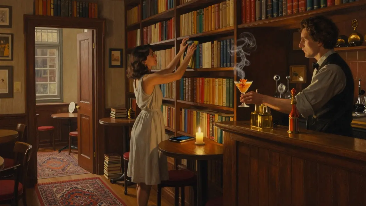 A quiet library-style speakeasy with book-lined walls, where a guest receives a cocktail while phones are left at the door.