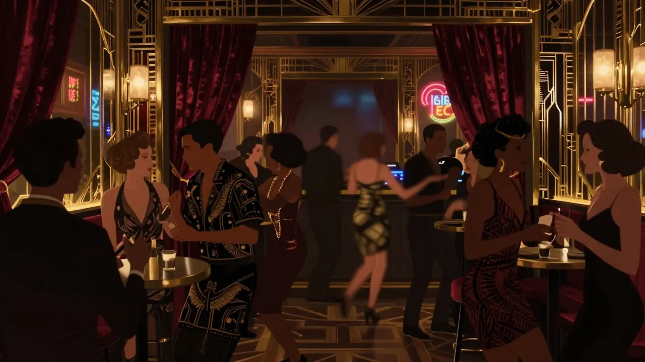 A stylish crowd gathers in a moody Parisian nightclub with velvet curtains and mirrored walls.