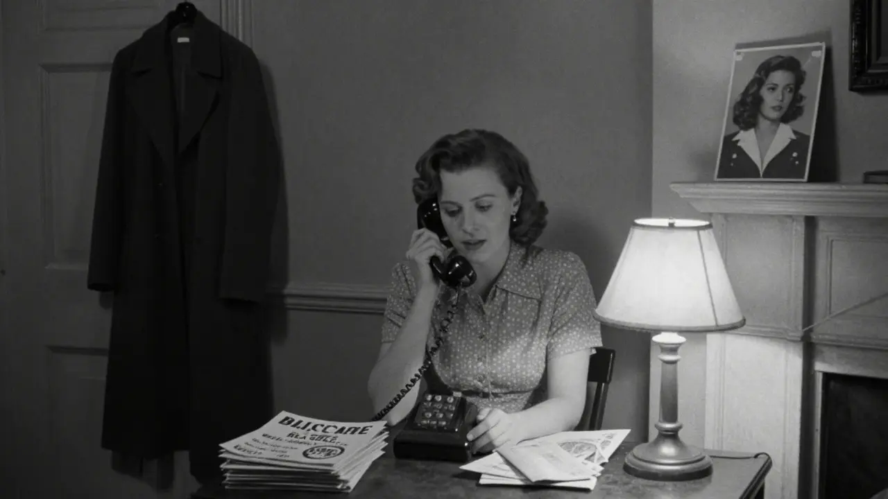 A woman in 1950s London answers a phone in a modest flat, cash and classified ads on the table, dim lamplight casting shadows.