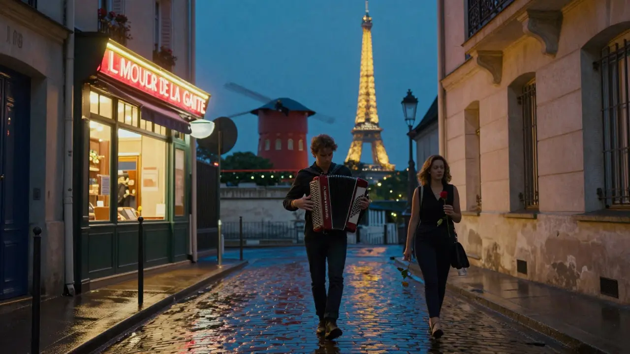 A woman offers a rose to a companion under the soft glow of a Montmartre jazz club at midnight.