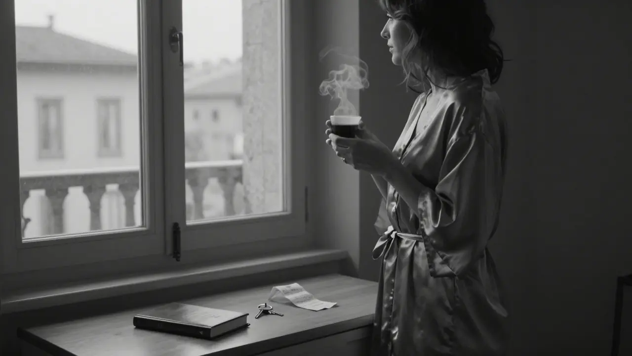 A woman stands alone in a minimalist apartment at dawn, holding coffee, the city waking outside — no traces of the night before.
