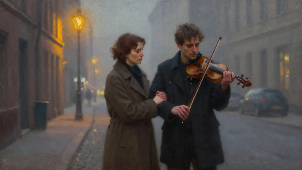 A woman stands beside a street musician in a misty Berlin alley, offering silent support to a tearful man.